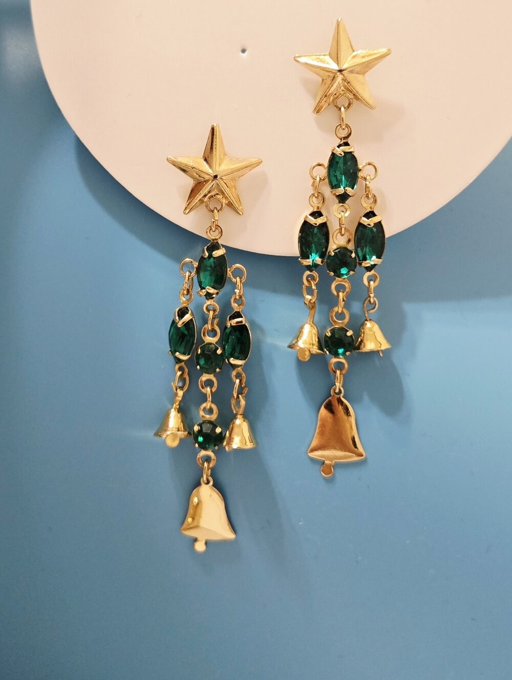 Vintage Gold Star Bells Drop Earrings with Green Rhinestones